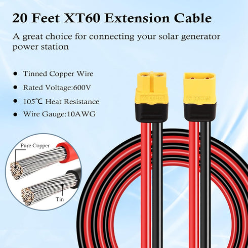 XT60 Extension Cable 10AWG 20FT, Male to Female Connector for Portable Power Station Solar Panel