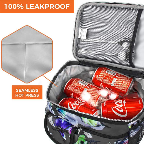 opux Leakproof Floral Grey Insulated Lunch Bag for Men Women, Portable Soft Lunch Cooler with Strap