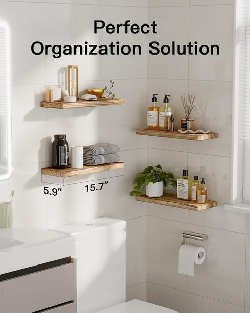 Set 4 15.75" 5.91" 0.98"H AMADA HOMEFURNISHING Floating Shelves, Paulownia Wood Wall Shelves for Living
