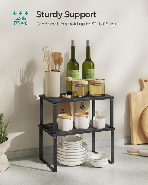 SONGMICS Set of 4 Cabinet Organizer Shelves, Stackable Kitchen Storage, Spice Rack in Ink Black and Ebony Black