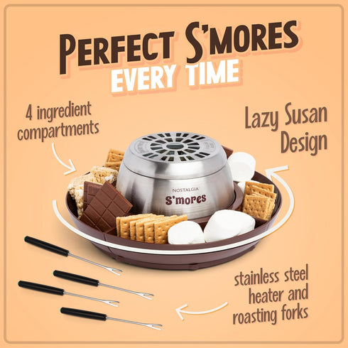 Nostalgia Tabletop Indoor Electric S'mores Maker, Smores Kit with Roasting Sticks and 4 Tray Lazy Susan, Brown