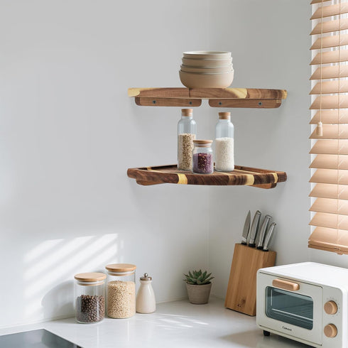 wyzqyam 10 Inch Set 2, Floating Corner Shelve, Acacia Wood Corner Shelf of Corner Shelf wall Mounted for Living Room