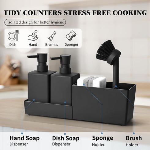 Set 4-in-1 Kitchen Soap Dispenser with Sponge Holder and Brush for Sink Rack Hand Soap and Dish Soap Dispensers Black