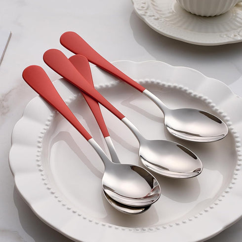 Red Dine Spoons Set, 12 Piece 7.3-Inch Red Handle Silverware Spoon, 18/0 Stainless Steel Flatware