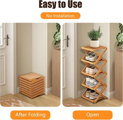 Closet, 4 YYW Shoe Rack, Foldable Bamboo Shoes Shelf, Freestanding Shoe Storage Organiser for Entryway, Bedroom