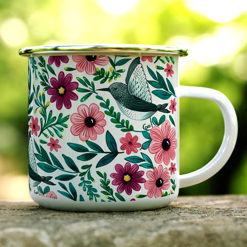 Floral Hummingbird Enamel Camping Coffee Mug, Botanical Garden Gift Cup for Women and Friends