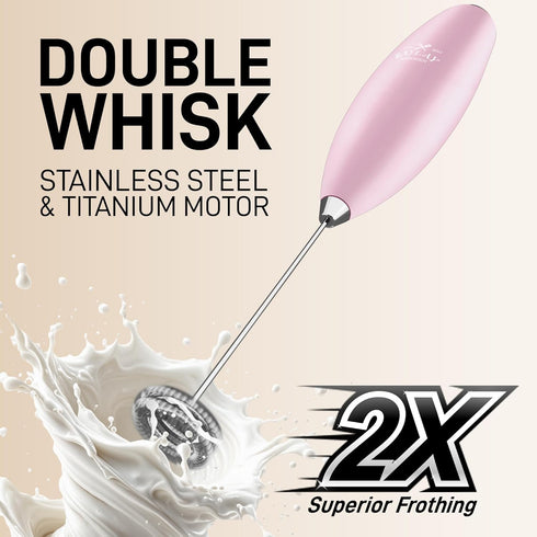 Zulay Kitchen Powerful Double Whisk Milk Frother - Handheld Foam Maker with Stand for Coffee, Pink