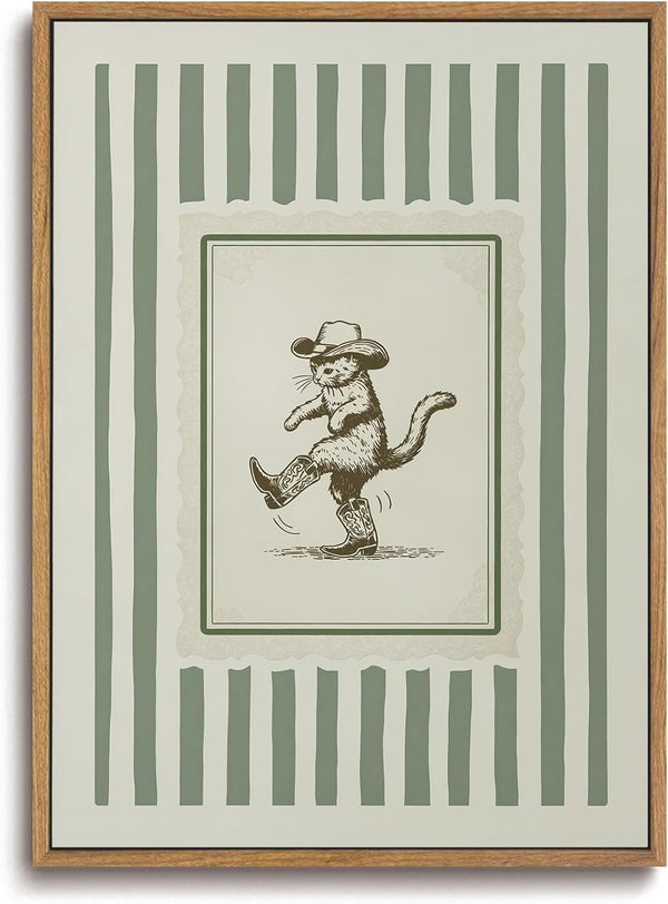 ZZLWBKGL Vintage Western Framed Wall Art Nursery Cowboy Cat Canvas Wall Art Boho