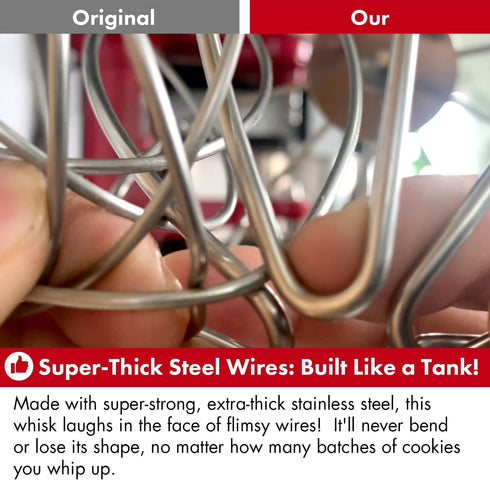 Heavy Duty Whisk Attachment for KitchenAid Bowl-Lift Stand Mixers, 6QT Glass Bowl, Extra Thick Stainless Steel Wire