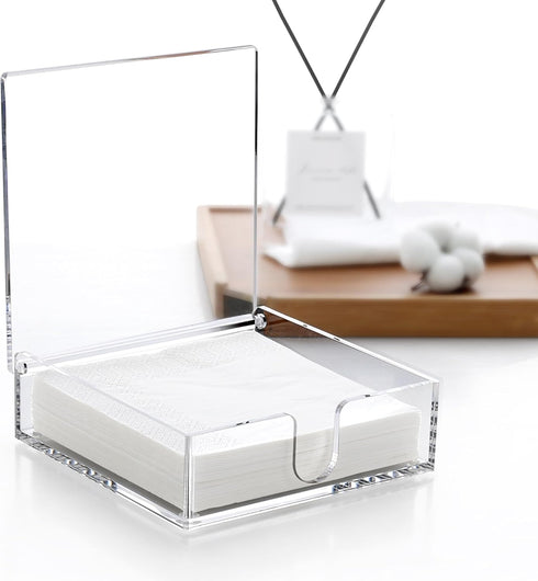 Acrylic Napkin Holder, 7"x 7"x 2.4" Flat Dispenser with Lid, Waterproof Paper Napkin Container for Kitchen & Bathroom
