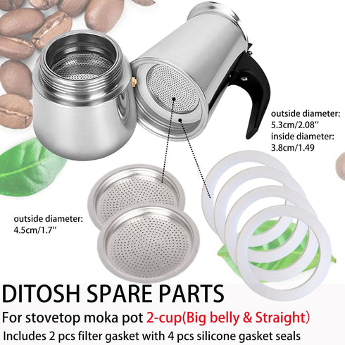 2 Cup Stovetop Espresso Coffee Maker Replacement Parts, 2 Pcs Filter & 4 Pcs Silicone Gasket Seals