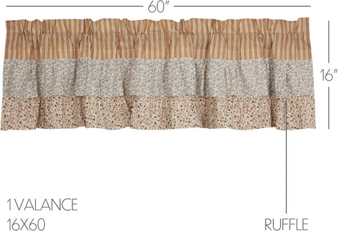 VHC Brands Kaila Country Cottage Ruffled Gold Ticking Stripe Curtain Valance, 16x60