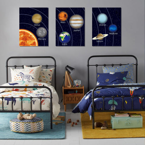 Set 3 (12X16inch) KAIRNE Boys Space Room Decor Framed Outer Space Wall Art of Kids Picture Planets Pictures Solar