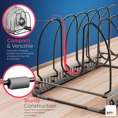 Compact Pan & Pot Lid Organizer Rack with 6 Adjustable Dividers, Steel Single Rack for Kitchen Cabinet, No Assembly