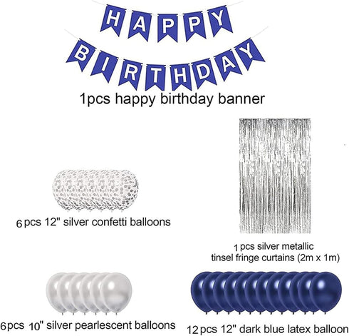 Blue Birthday Party Decorations, Happy Birthday Decorations with Banner, Blue Silver Confetti Balloons for Men