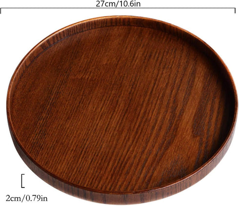 Solid Wood Serving Tray - Round Non-Slip Tea Coffee Snack Plate with Raised Edges for Home Kitchen Restaurant (9.5inch,