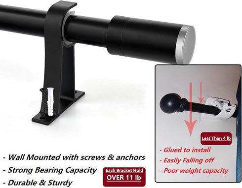 Gudui Curtain Rod Bracket 3 Pack, Heavy Duty Holders Hooks for 1 inch Drapery Rod, Black