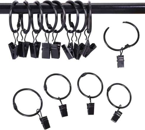 24 Pack 2 Inches Black Curtain Rings with Clips, Openable Drapery Metal Clip Hangers for Windows Rods