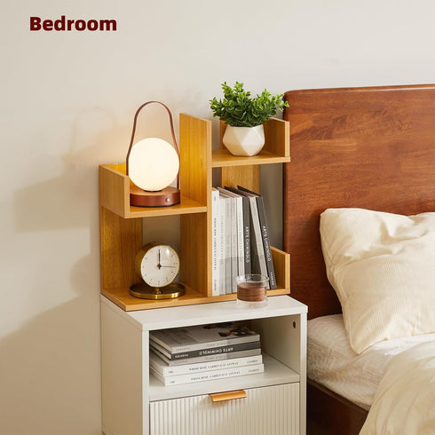 Short Bookshelf Small Desk Organizer - Unique Cactus Bookcase for Book Display and Small Plant Stand, Natural Wood Color
