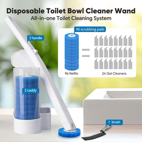 2 Pack Set, 96 Disposable Toilet Brush and Holder Wall Mounted Toilte Wand Kit, Disposable Bowl Ceaner Wand and Caddy