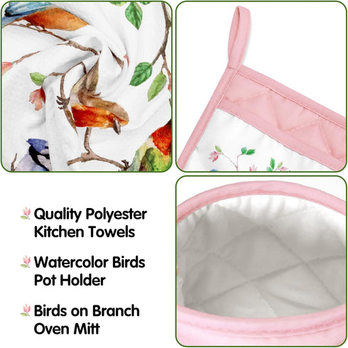 Vansolinne Birds Kitchen Dish Towels, Pot Holder, Oven Mitt with Loop Kit, Spring Gifts for Bird Lovers, BBQ Grilling,