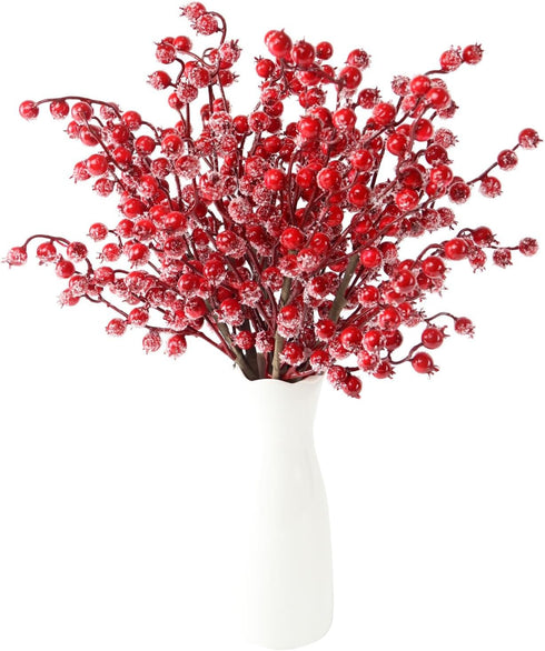 Feitore Frosted Red Berry Stems, 6 Pack 17" Long Artificial Snowy Christmas Berries