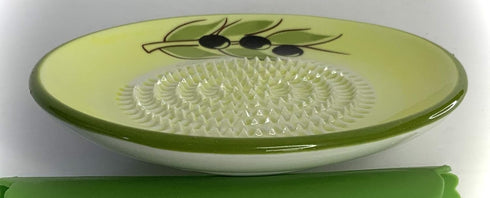 BonCera 4pcs Premium Ceramic Garlic Grater Set - Handmade Olive Design Grater Plate with Garlic Peeler, Gathering Brush