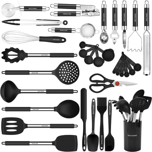 Kitchen Utensils Set, 32 pcs Non-Stick Silicone Cooking Utensils with Holder and Stainless Steel Handle