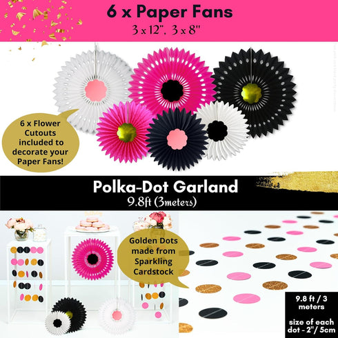 Hot Pink and Black Birthday Decorations, Happy Birthday Banner Garland, Paper Decor, Balloons, Cake Topper, Sash