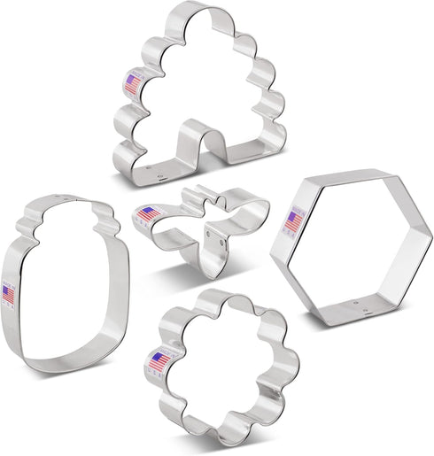 Bee Cookie Cutters 5-Pc. Set Made in the USA by Ann Clark, Bee, Beehive, Small Flower, Honeycomb, Honey Jar