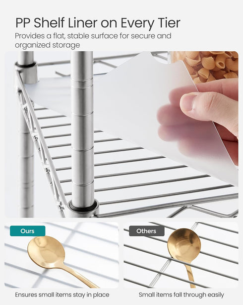3-Tier 3 ULGR103E01 SONGMICS Bathroom Shelf, Storage Rack for Small Space, with PP Shelf Liners, Removable Hook