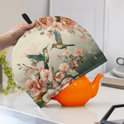 Hummingbird Flower Print Tea Cozy Insulated Tea Pot Dust Cover Teapot Cozy Breakfast Keep Warmer Tea Pot Cover Durable Tea Kettle Protector for Home Kitchen Tabletop Decor
