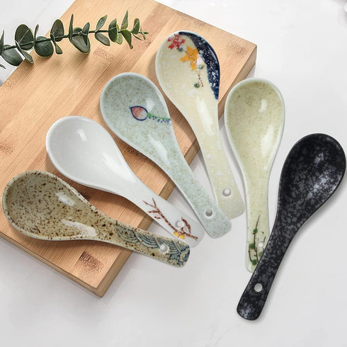 6 Pieces Japanese Retro Ceramics Soup Spoons, Asian Chinese Serving Spoons for Ramen, Noodles, Wonton