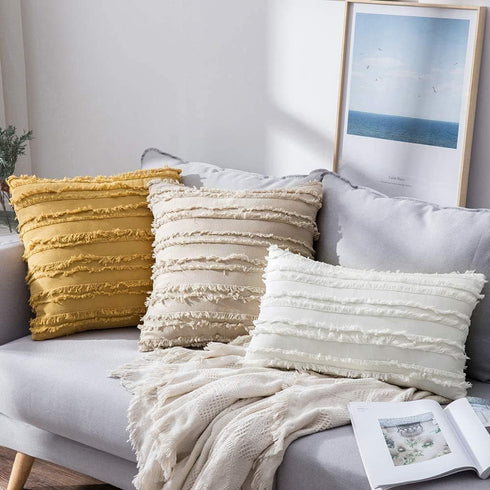 MIULEE Set of 2 Decorative Boho Throw Pillow Covers, Linen Striped Jacquard Pattern Cushion Covers, 12x20 Inch Beige