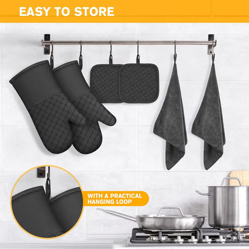IXO 6Pcs Oven Mitts and Pot Holders, 500? Heat Resistant with Soft Cotton Lining and Non-Slip Silicone Surface
