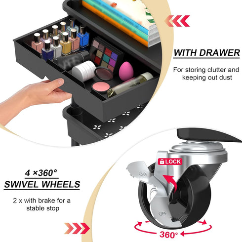 3 2 Goovilla Tier Rolling Utility Cart Organizer with Removable Drawer, Stable and Sturdy Black Rolling Storage Carts
