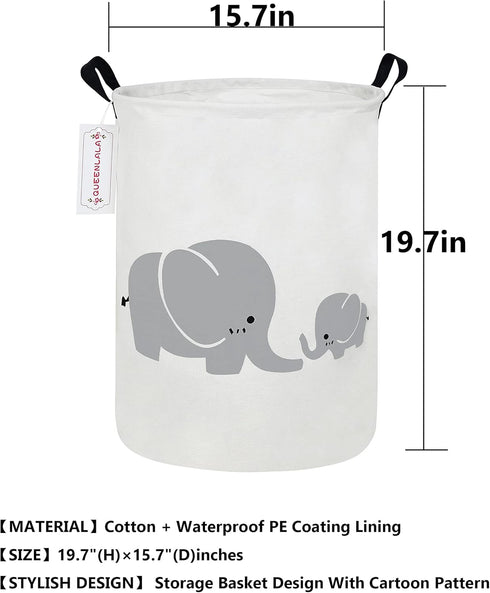 QUEENLALA Large Storage Basket, Collapsible Round Laundry Hamper, Boys and Girls Hamper with Parent-child Elephant
