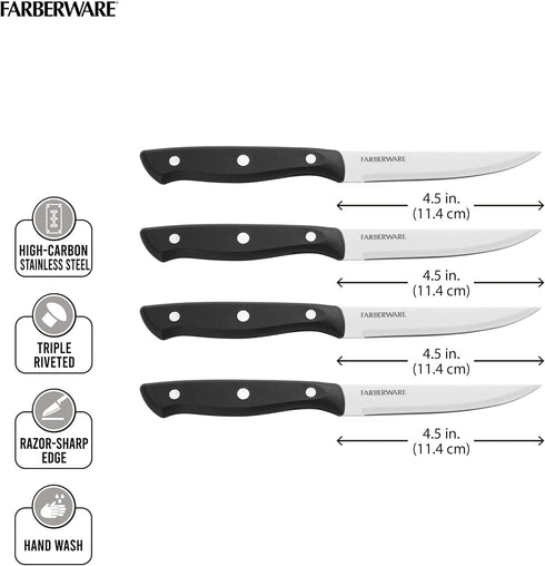 Farberware Triple-Riveted 4-Piece Steak Knife Set, High-Carbon Stainless Steel, Set of 4, Black