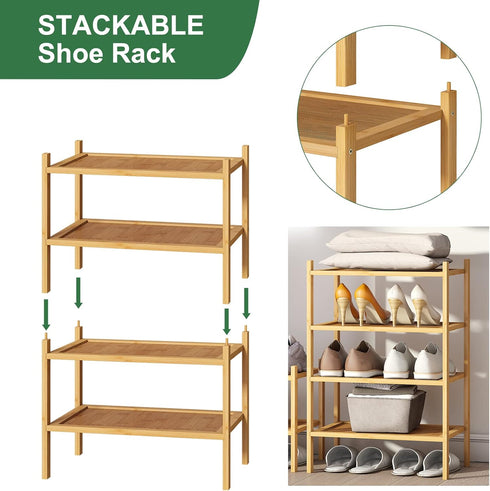 kiplant 2-Tier Closet, Small Shoe Rack, Bamboo Wood Shoe Rack for Entryway, Stackable Shoe Organizer for Hallway Free