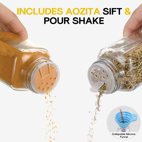 AOZITA 14 Pcs Spice Jars with Bamboo Lids, 4oz Square Spice Bottles with Shaker Lids and Airtight Caps