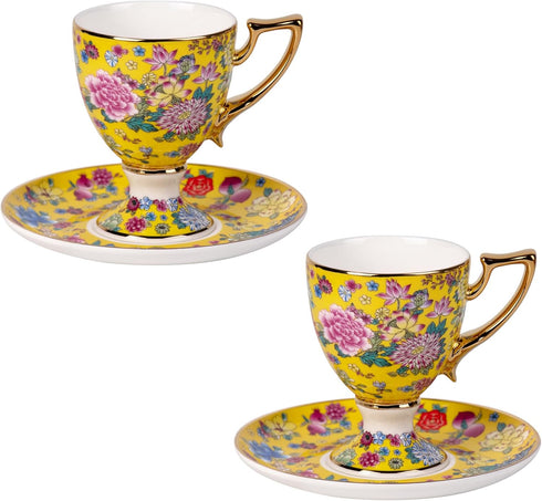 KAMMAK Tea Cups and Saucers Set of 2, Porcelain Coffee Cups, 7oz