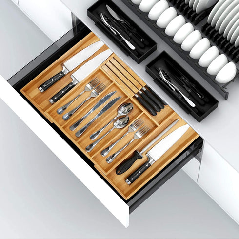 VaeFae Bamboo Silverware Drawer Organizer, Expandable Utensil Organizer with Knife Block, Cutlery Tray with Divider,