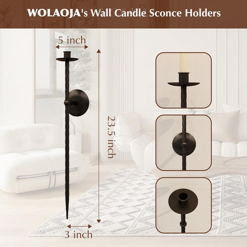 Set 2, 23.5" Candle Wall Sconce of Large Twisted Wall Mount Metal Black Candle Holder Sconces Decor for Living Room