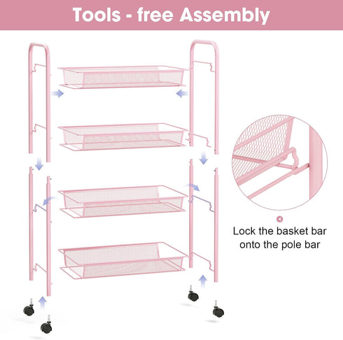 4 3 TOOLF Tier Rolling Utility Cart - Durable Metal Design Pink Utility Cart, Storage Trolley on Wheels with Hooks