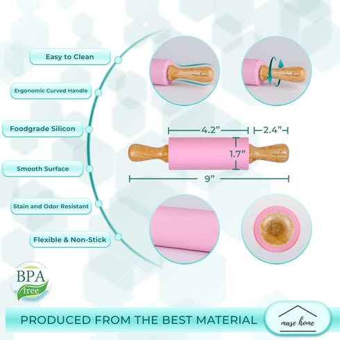 Mini Silicone Rolling Pin for Kids Baking, Ideal for Toddlers, Playdough, Cookies & Pastry - 9" Small Size (Pink)