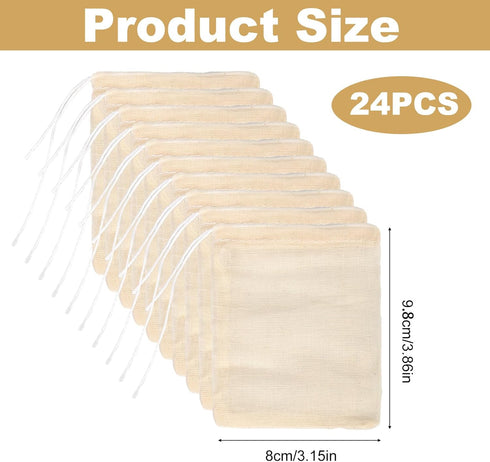 24pcs Spice Bags for Cooking, 3.86x3.15 Inch Drawstring Pho Soup Muslin Empty Tea Bags Straining Reusable Filter Cheesecloth Sachet for Spices Loose Coffee Seasoning Herbs Stew Gravy Soup Cooking