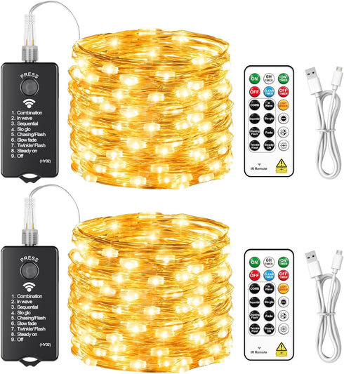 HXWEIYE 2-Pack 33FT 100LED Fairy Lights Battery Operated (Included) with Remote &