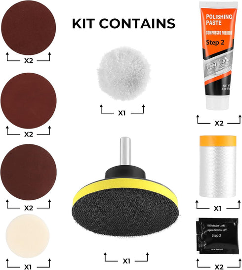 Headlight Restoration Kit for DIY Polishing, Clean Tool with Sanding Discs and Scouring Pads for Electric Drill