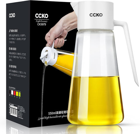 CCKO 19oz Glass Olive Oil Dispenser Bottle, Auto Flip Spout, No Drip Cooking Oil Dispenser for Soy Sauce, Vinegar