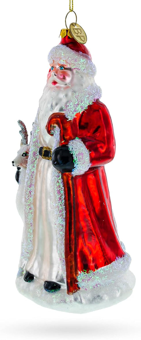 Santa Guided by White Reindeer Glass Christmas Ornament